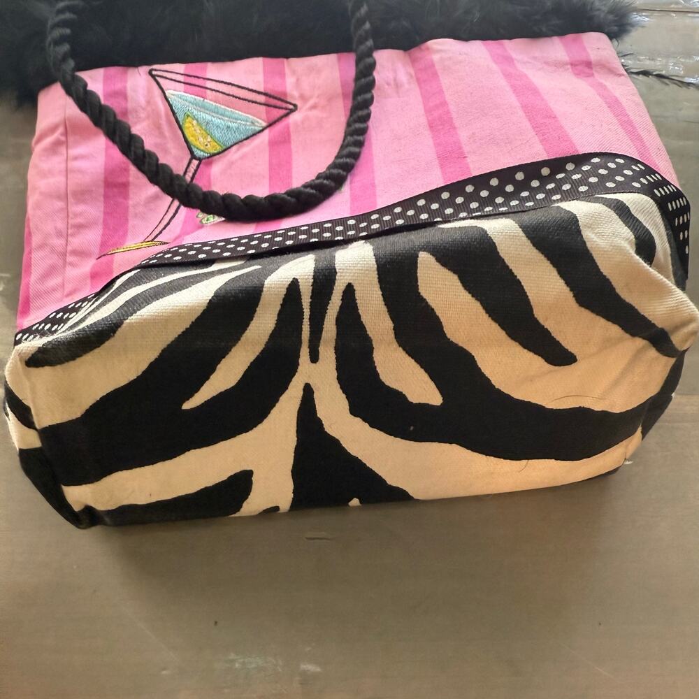 Vintage Blue Devil Pink Striped Martini Zebra Trim Faux Fur Tote Purse - Picture 4 of 9